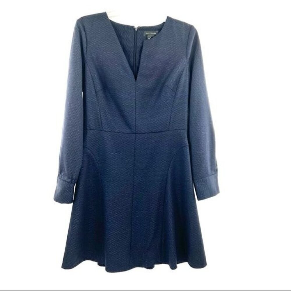Club Monaco blue white polka dot fit flare long sleeve dress size 8